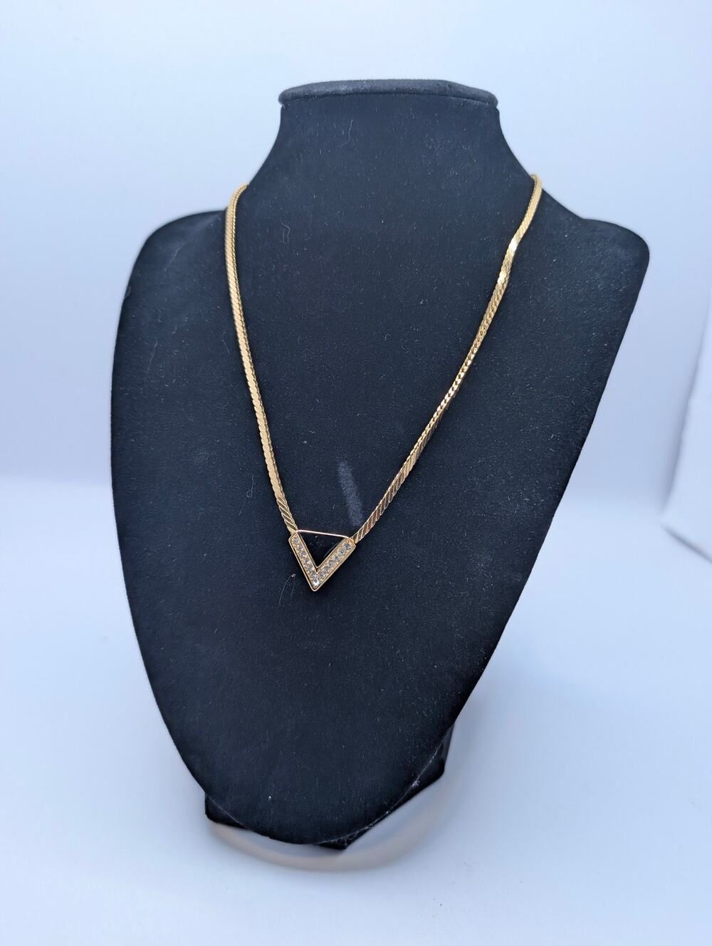 Authentic Christian Dior Enamel Triangle Necklace Gold Herringbone Chain 16"